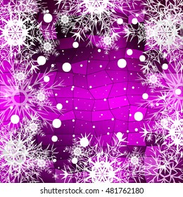 Frame of Christmas snowflakes on a purple background with a geometrical pattern. vector illustration. graphic arts and design. a series of images for the new year and Christmas