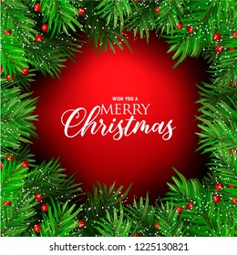Frame of Christmas tree branches with decoration on red background. Vector illustration eps10.