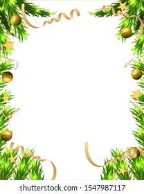Frame of Christmas tree branches with decorations, vector art illustration.