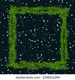 Frame of christmas tree branches on a dark background. Christmas holiday background. Great for New year and Christmas party posters, headers, seasonal wallpaper, winter background. Vector