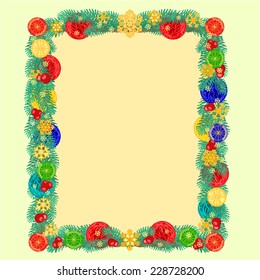 Frame from Christmas tree branches of spruce decorated with snowflakes vector illustration 