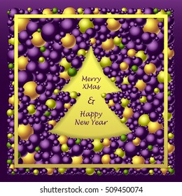 Frame in Christmas Tree form from balls in lilac gold green colors for congratulation Merry Christmas and Happy New Year holidays or creative Post Card or for banners or for package  decoration