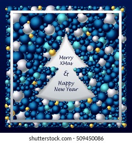 Frame in Christmas Tree form from balls in dark blue silver gold colors for congratulation Merry Christmas and Happy New Year holidays or creative Post Card or for banners or for package  decoration
