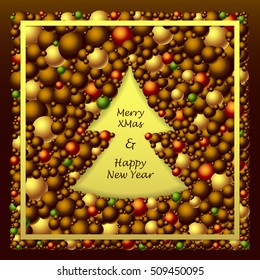 Frame in Christmas Tree form from balls in brown gold red colors for congratulation Merry Christmas and Happy New Year holidays or creative Post Card or for banners or for package  decoration