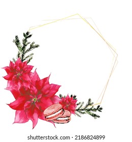 Frame for christmas with watercolour flower, macaroons and branches
