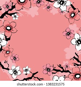 frame in a circle of branches and pink and white Sakura flowers hand-drawn ink on a pink background. For the invitations, and decorating. Vector illustration - векторная графика.