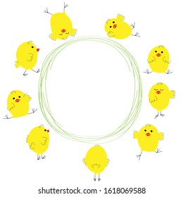 Frame circle by cute chicken in different pose on a white background in bright colors in kids cartoon style with space for text. Vector.
