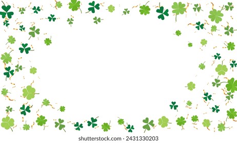 frame circle with clover leaves and gold confetti for Saint Patrick Day, holiday party, spring lucky day