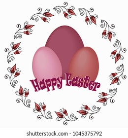 frame of a circle of red flowers with eggs and text words on the Easter spring holiday