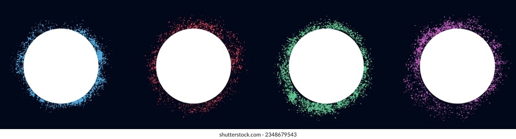 Frame in Circle Shape Color Set. Blank Round Stain Collection. Ink Splatter Stencil. Sprayed Border. Abstract Design Element on Black Background. Paint Brush Texture. Isolated Vector Illustration.