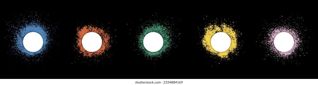Frame in Circle Shape Set. Color Ink Splatter Collection. Spray Border Stencil. Paint Brush Texture. Blank Round Stain. Abstract Design Element on Black Background. Isolated Vector Illustration.