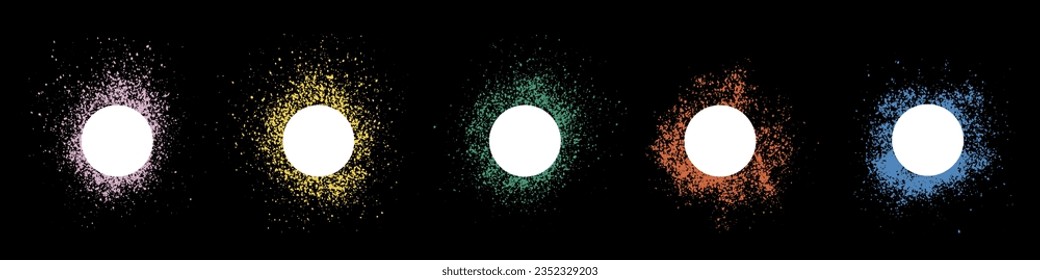 Frame in Circle Shape Set. Color Ink Splatter Collection. Spray Border Stencil. Paint Brush Texture. Blank Round Stain. Abstract Design Element on Black Background. Isolated Vector Illustration.