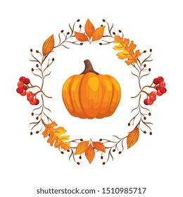 frame circular of autumn leafs with pumpkin