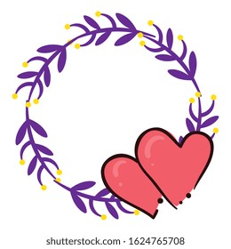 frame circular of branches and leafs with hearts vector illustration design