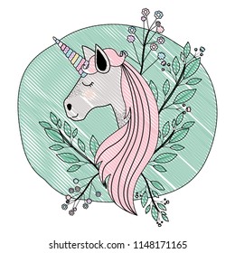 frame circular decorative with unicorn and flowers