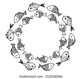 the frame is circular of fish. Vector doodle fish template with a pattern of wavy lines floating in a circle, with an empty space inside for text, a black outline for a label design template, signage