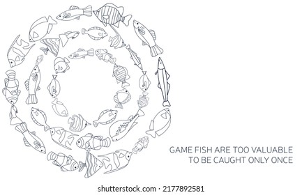 the frame is circular of fish. Vector doodle fish template with a pattern of wavy lines floating in a circle, with an empty space inside for text, a black outline for a label design template, signage