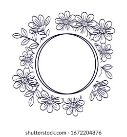 frame circular of flowers with leafs line style vector illustration design