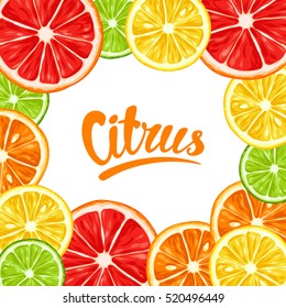 Frame with citrus fruits slices. Mix of lemon lime grapefruit and orange.