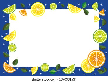 Frame of citrus slices (lemon, lime, orange, grapefruit).