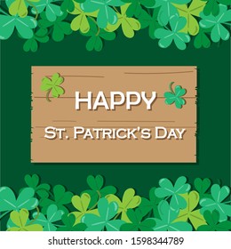 Frame clover leafs and St. Patrick's Day on wood background.  design for web, site, greeting,advertising,banner,poster,flyer,card. Vector illustration. 
