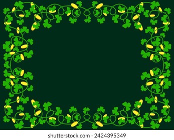 Frame of clover leaves and gold coins for St. Patrick's Day. Border with shamrocks and gold coins. Frame design for text, greeting card and invitation. Vector illustration