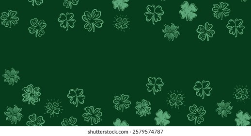 Frame with clover on green, Saint Patricks Day, hand drawn illustrations.	