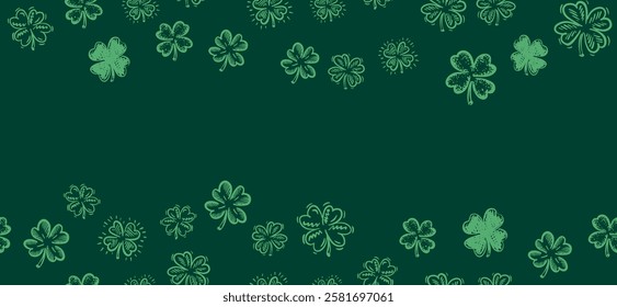 Frame with clover on green, Saint Patricks Day, hand drawn illustrations.	