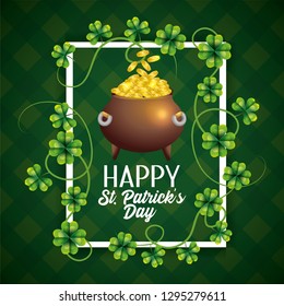 frame with clovers and cauldron with coins to celebration event