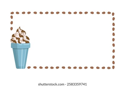 Frame, coffee border. Drink chilled with ice in disposable plastic cups. Coffee beans. Glass of dessert, with whipped cream, chocolate or caramel filling and carbonated drink.