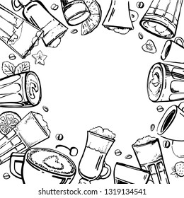 Frame with coffee drinks. Hand drawn stylized vector illustration. Black outline on white background