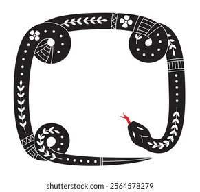 Frame from coiled snake with ornaments on white background. Chinese lunar new year symbol 2025. Vector illustration