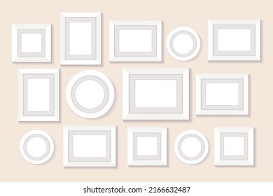 Frame collage on wall. Blank pictures, empty photo frame. Isolated illustration on pastel background. Vector.