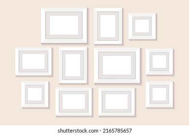 Frame collage on wall. Empty pictures, photo frame. Isolated illustration on pastel background. Vector illustration.