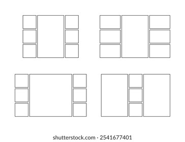 Frame collage from square and rectangle shape for photo, image template line set. Mood board layout, background. Gallery grid, mosaic puzzle border. Vector outline illustration