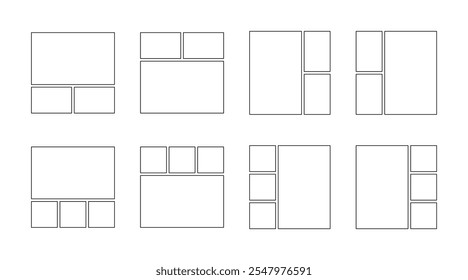 Frame collage from square and rectangle shape for photo, image template line set. Mood board layout, background. Gallery grid, mosaic puzzle border. Vector outline illustration