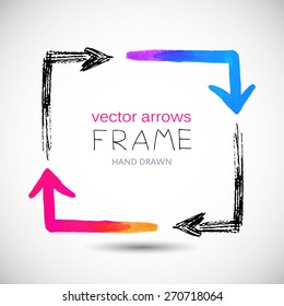 Frame collected from black hand drawn and colorful watercolor arrows, square shape, vector illustration.