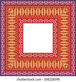 Frame. Color background with beautiful, patterned frame. The ornate frame. Cut out of a color paper pattern. Good for card, invitation, banner, photo album, scrapbook. Template Design. Vector 