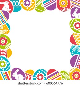Frame with color easter eggs, flowers and rabbit.
Ideal for printing onto fabric and paper or scrap booking, vector illustration