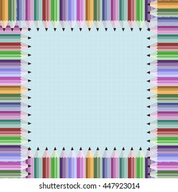 Frame of color pencil vector illustration. Colorful crayons design element on notebook backround