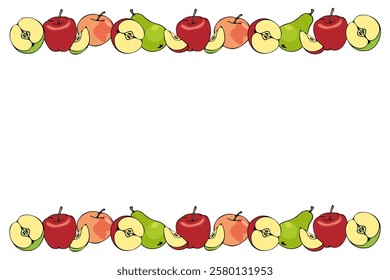 frame of colored apples along the top and bottom edges on a white background.