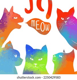Frame with colored cats. Mixed media. Meow. Vector illustration