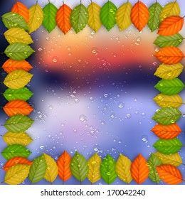 Frame of colored leaves with rain drops. Vector EPS10 