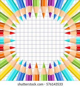 Frame of colored pencils on the background exercise book in a cage. Pencils of rainbow colors. For design postcard, banner, cover, flyer, poster, artwork image. Realistic vector illustration