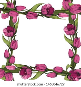 Frame with colored pink tulips. Poster. Spring mood. Vector illustration.