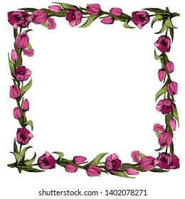 Frame with colored pink tulips. Spring mood. Design of printed materials. Vector illustration