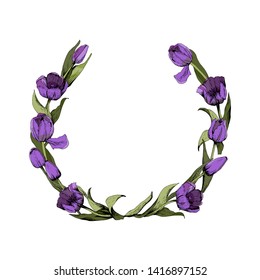 Frame with colored purple tulips. Spring mood. Design of printed materials. Vector illustration