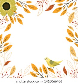 Frame of colorful autumn leaves and berries. Fall season. Forest. Simple cartoon flat style. Vector illustration