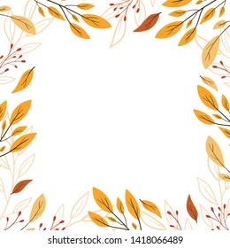 Frame of colorful autumn leaves and berries. Fall season. Forest. Simple cartoon flat style. Vector illustration