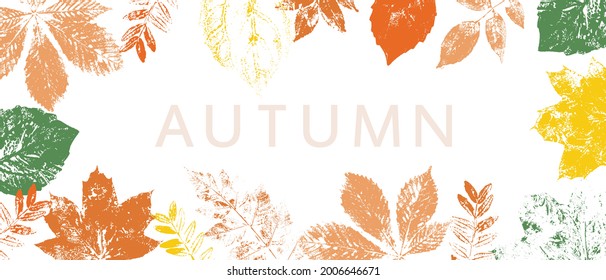 Frame with colorful autumn leaves. Grunge foliage stamps. Place for text, banner design.